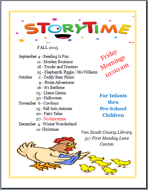 Fall 2015 Storytime Schedule